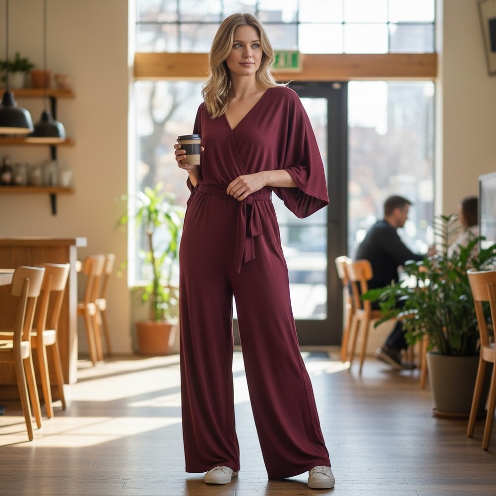 Garnet Hill Burgundy Kimono Sleeve Wide Leg Knit Jumpsuit Surplice V-Neck Medium
